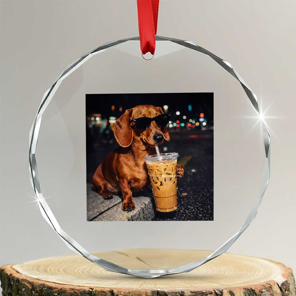 Cool Dachshund Drinking Iced Coffee Graphic Crystal Glass Ornament Funny Wiener Dog Night Vibes Aesthetic