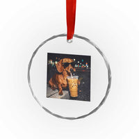 Cool Dachshund Drinking Iced Coffee Graphic Crystal Glass Ornament Funny Wiener Dog Night Vibes Aesthetic