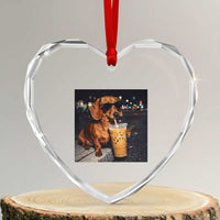 Cool Dachshund Drinking Iced Coffee Graphic Heart Crystal Glass Ornament Funny Wiener Dog Night Vibes Aesthetic