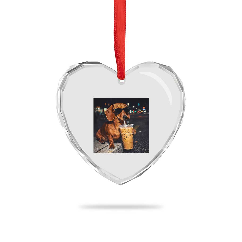 Cool Dachshund Drinking Iced Coffee Graphic Heart Crystal Glass Ornament Funny Wiener Dog Night Vibes Aesthetic