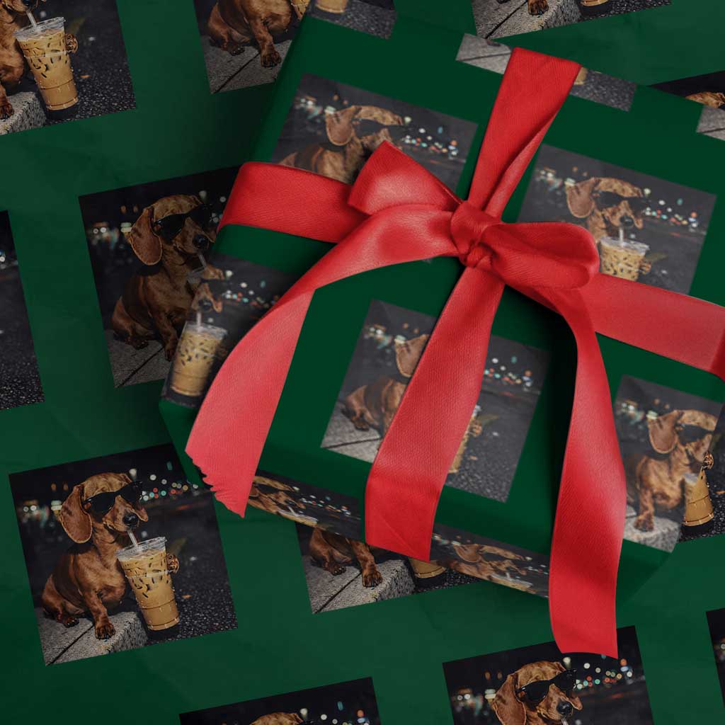 Cool Dachshund Drinking Iced Coffee Graphic Wrapping Paper Roll Funny Wiener Dog Night Vibes Aesthetic