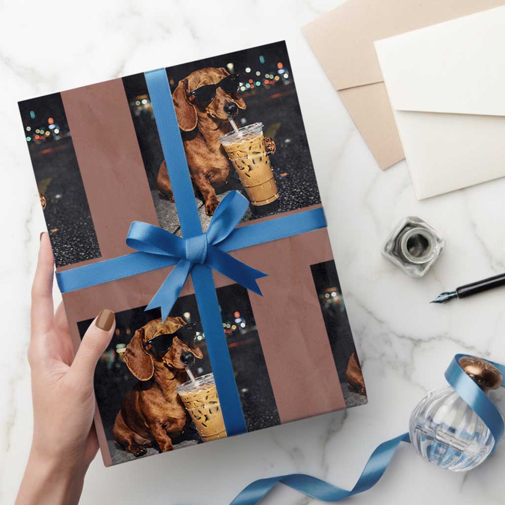 Cool Dachshund Drinking Iced Coffee Graphic Wrapping Paper Roll Funny Wiener Dog Night Vibes Aesthetic
