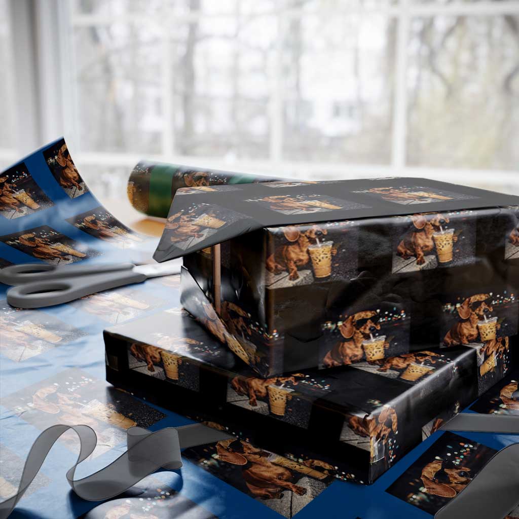 Cool Dachshund Drinking Iced Coffee Graphic Wrapping Paper Roll Funny Wiener Dog Night Vibes Aesthetic