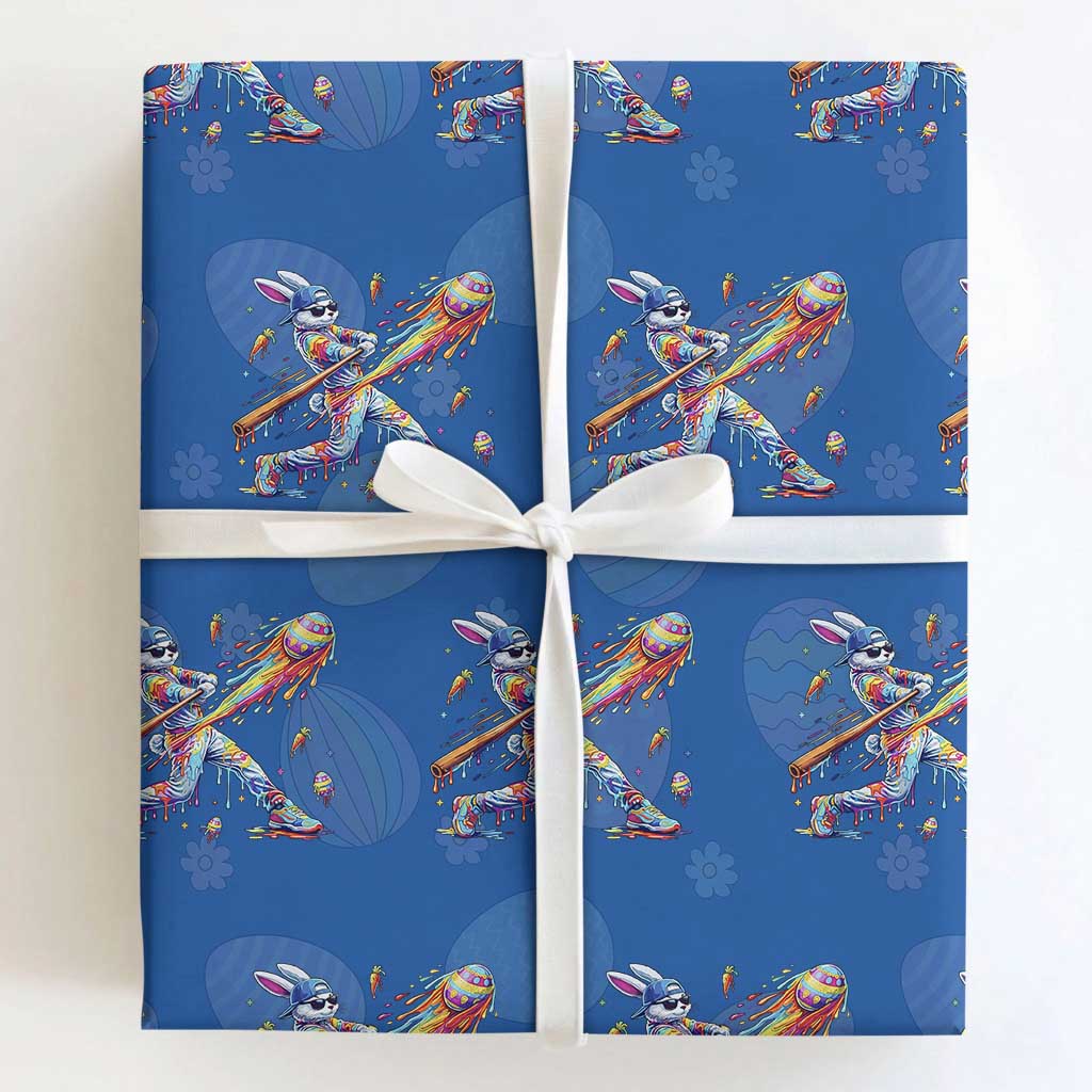 Cool Easter Bunny Baseball Player Neon Paint Splash Graphic Wrapping Paper Roll Funny Rabbit Sports with Egg Bat Hit Gift