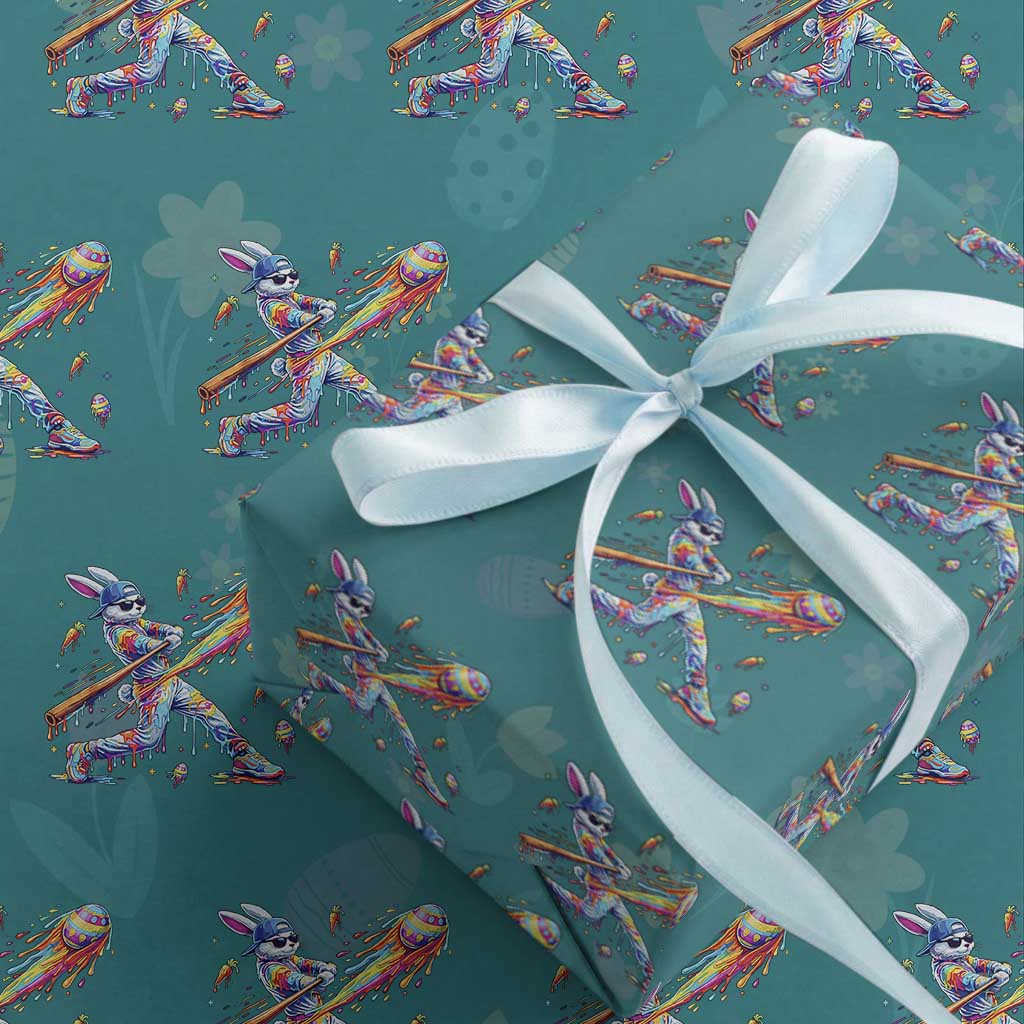 Cool Easter Bunny Baseball Player Neon Paint Splash Graphic Wrapping Paper Roll Funny Rabbit Sports with Egg Bat Hit Gift