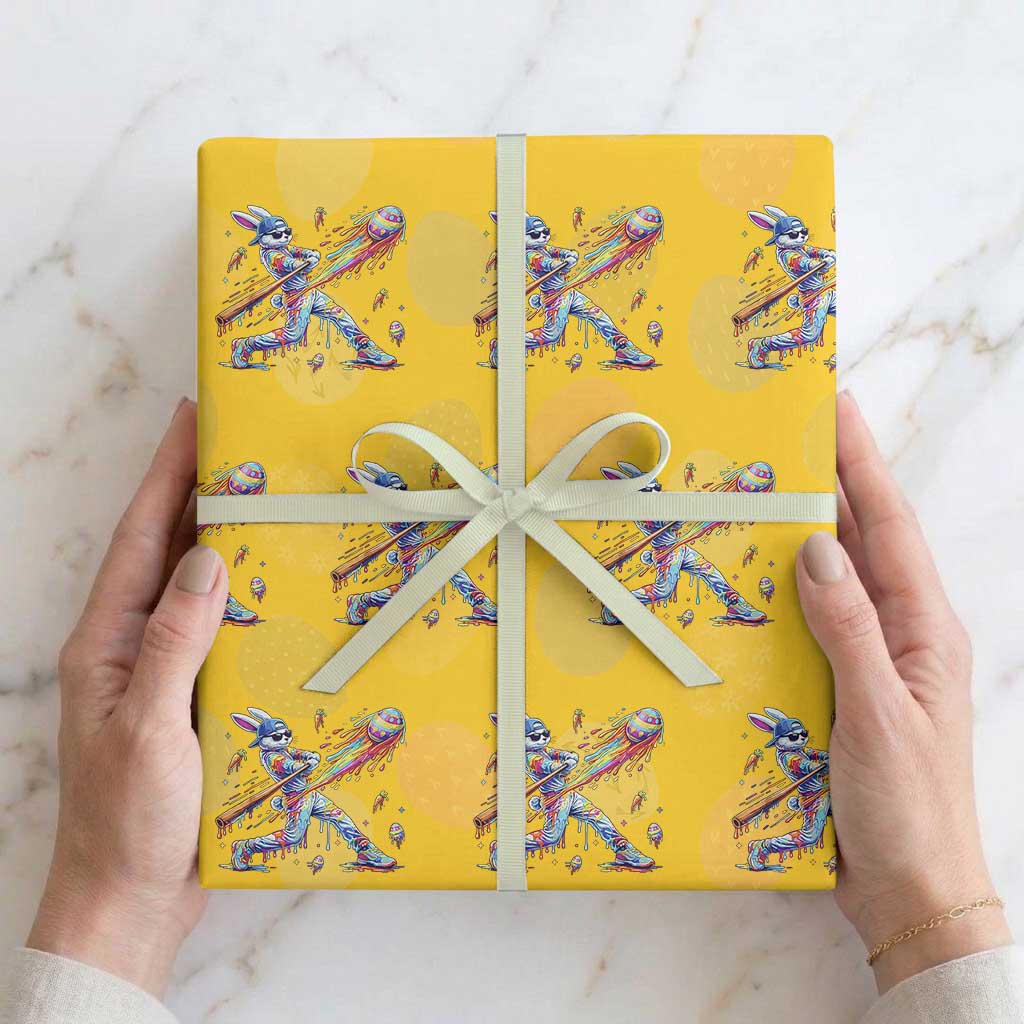 Cool Easter Bunny Baseball Player Neon Paint Splash Graphic Wrapping Paper Roll Funny Rabbit Sports with Egg Bat Hit Gift