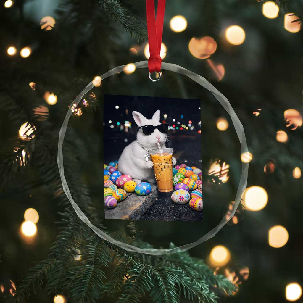 Cool Easter Bunny Drinking Iced Coffee Graphic Crystal Glass Ornament Funny Sunglasses Rabbit Spring Aesthetic