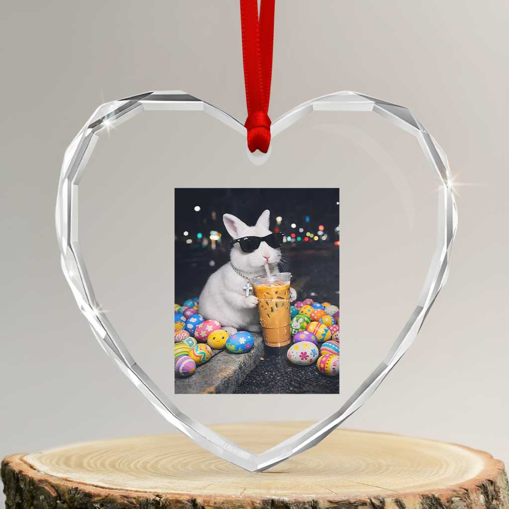 Cool Easter Bunny Drinking Iced Coffee Graphic Heart Crystal Glass Ornament Funny Sunglasses Rabbit Spring Aesthetic