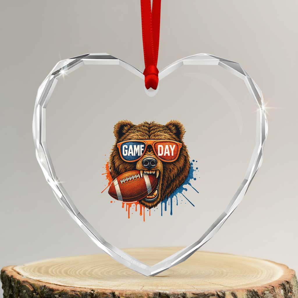 Cool Game Day Bear Graphic Heart Crystal Glass Ornament Bold Football Fan Dripping Paint - Wonder Print Shop