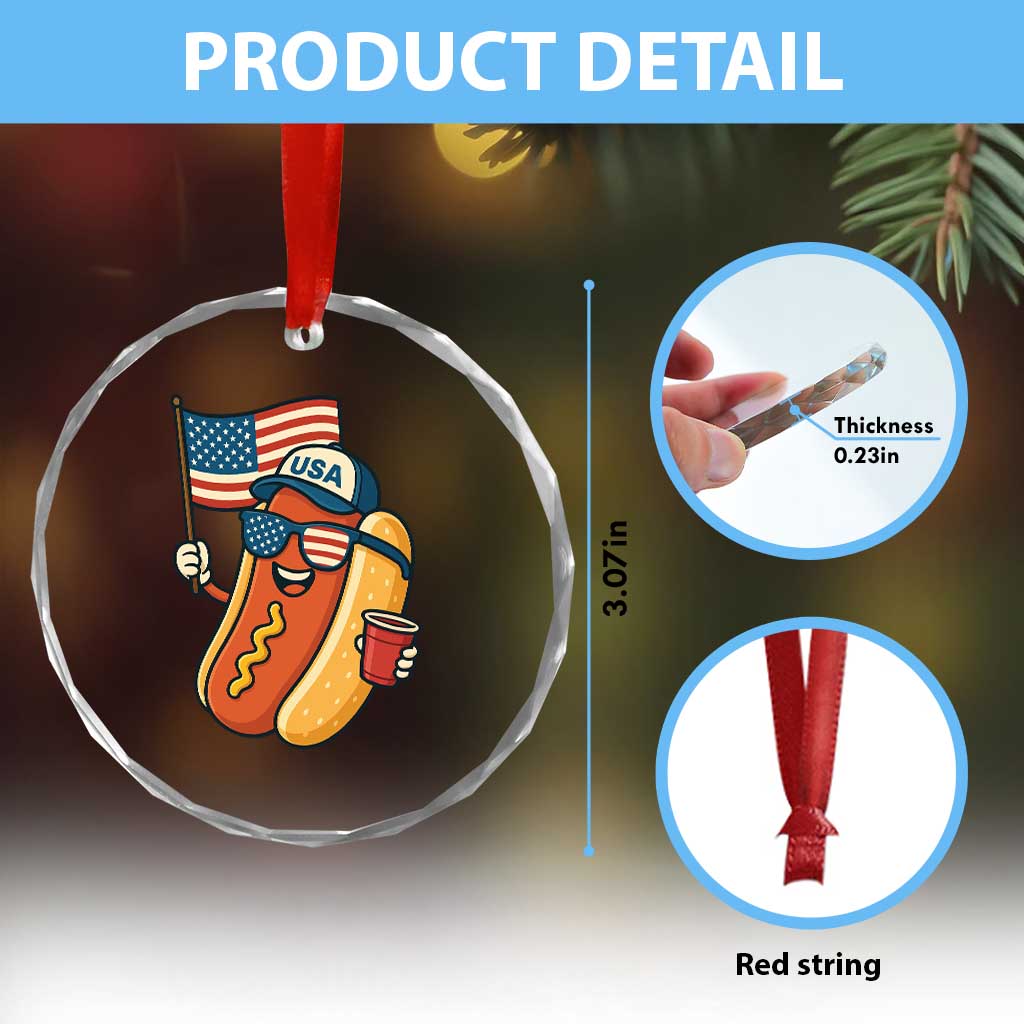 Cool Patriotic Hot Dog Crystal Glass Ornament Funny 4th of July Cookout 4th of July American Flag TS02