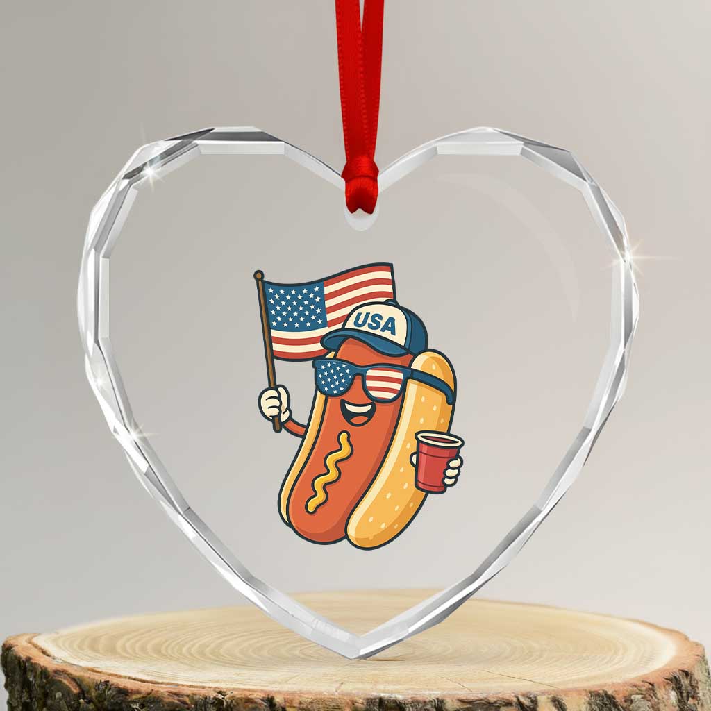 Cool Patriotic Hot Dog Heart Crystal Glass Ornament Funny 4th of July Cookout 4th of July American Flag - Wonder Print Shop