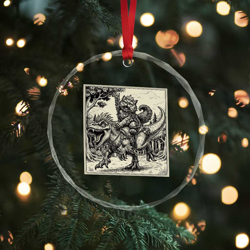 Cool Royal Cat Riding Dinosaur Crystal Glass Ornament Rock N Roll Engraving Graphic Art