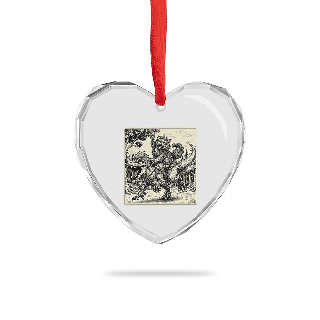 Cool Royal Cat Riding Dinosaur Heart Crystal Glass Ornament Rock N Roll Engraving Graphic Art