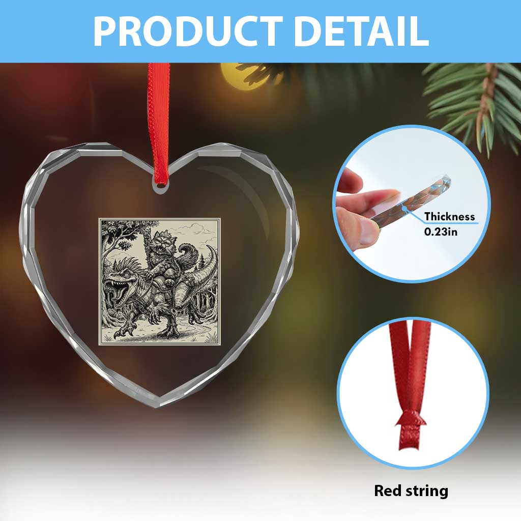 Cool Royal Cat Riding Dinosaur Heart Crystal Glass Ornament Rock N Roll Engraving Graphic Art