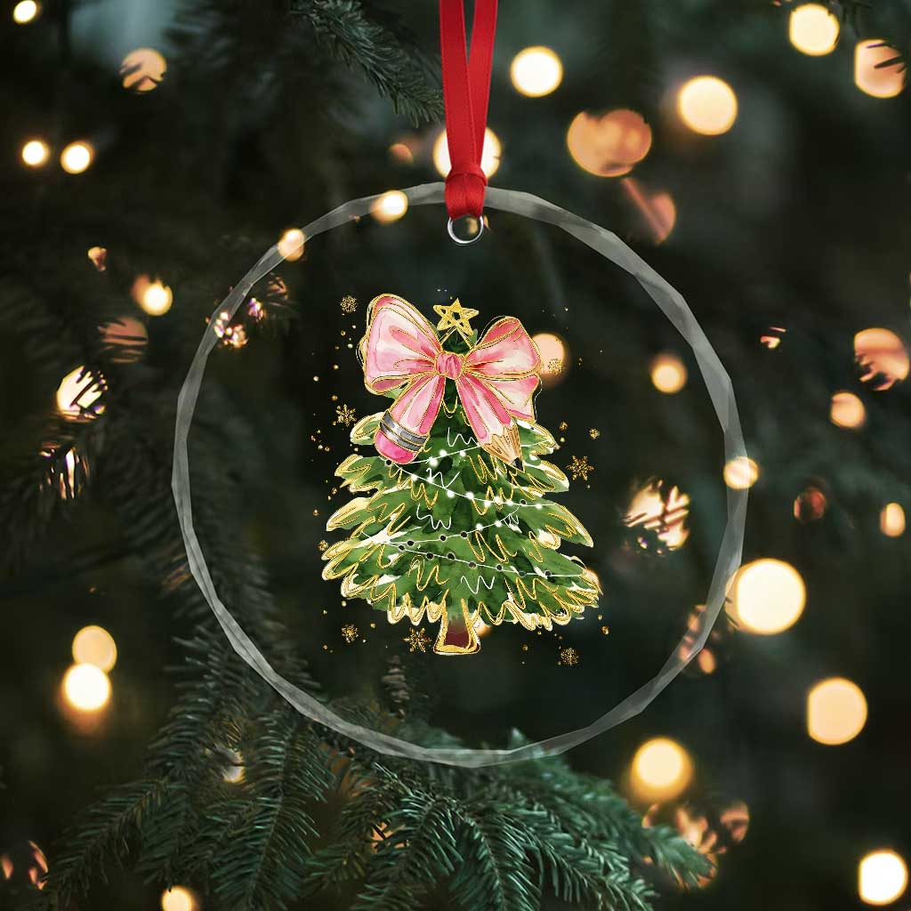 Coquette Bow Christmas Crystal Glass Ornament Cute Teacher Xmas Tree Pink - Wonder Print Shop