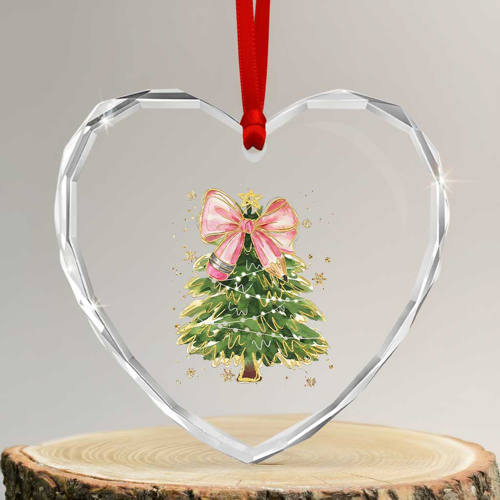 Coquette Bow Christmas Heart Crystal Glass Ornament Cute Teacher Xmas Tree Pink - Wonder Print Shop