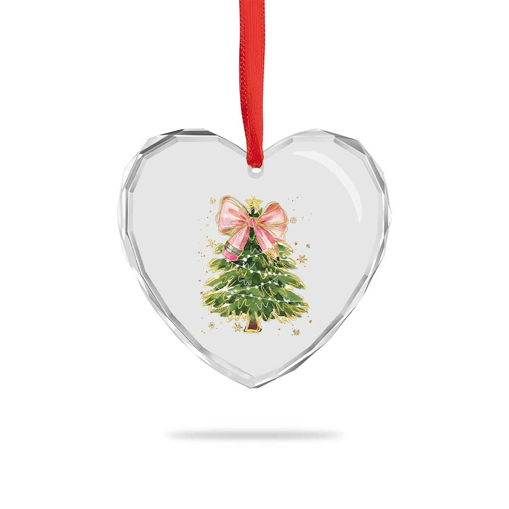 Coquette Bow Christmas Heart Crystal Glass Ornament Cute Teacher Xmas Tree Pink - Wonder Print Shop