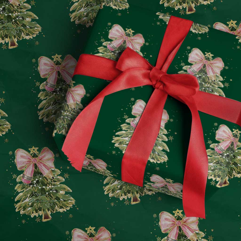 Coquette Bow Christmas Wrapping Paper Roll Cute Teacher Xmas Tree Pink - Wonder Print Shop