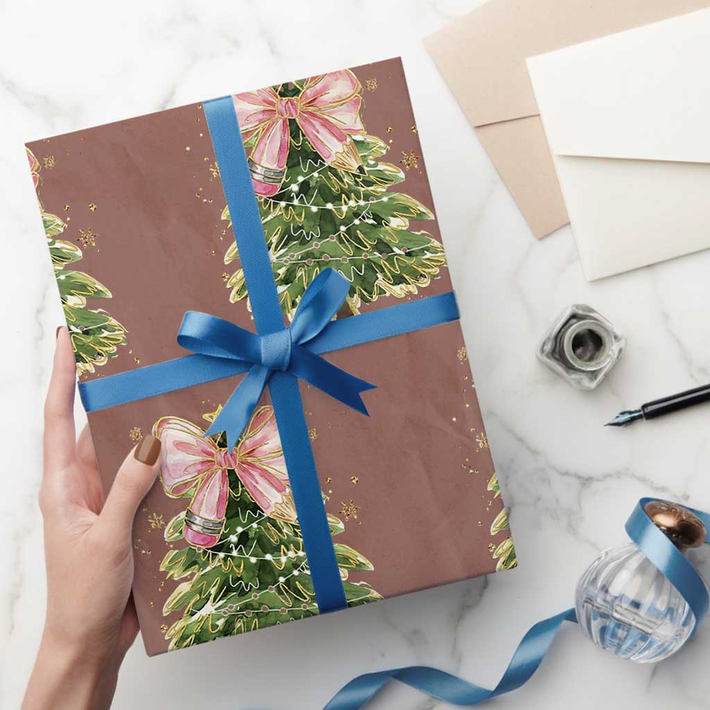 Coquette Bow Christmas Wrapping Paper Roll Cute Teacher Xmas Tree Pink - Wonder Print Shop