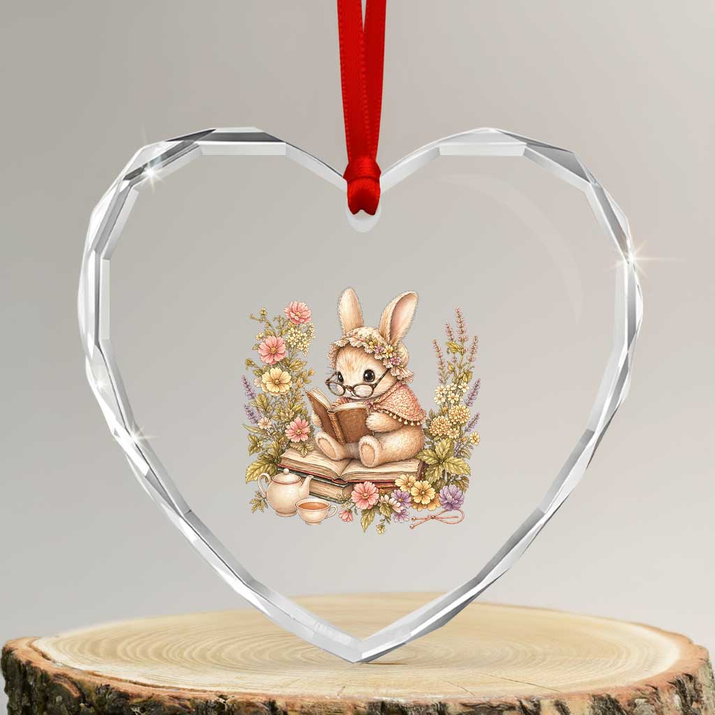 Cottagecore Rabbit Reading Book Heart Crystal Glass Ornament Aesthetic Grandmacore Gift