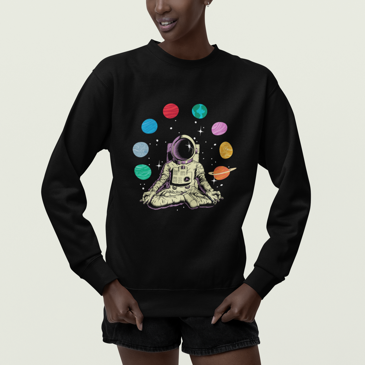 Meditating In Outer Space Sweatshirt Astronaut Yoga Meditation Position With Solar System Planets - Wonder Print Shop