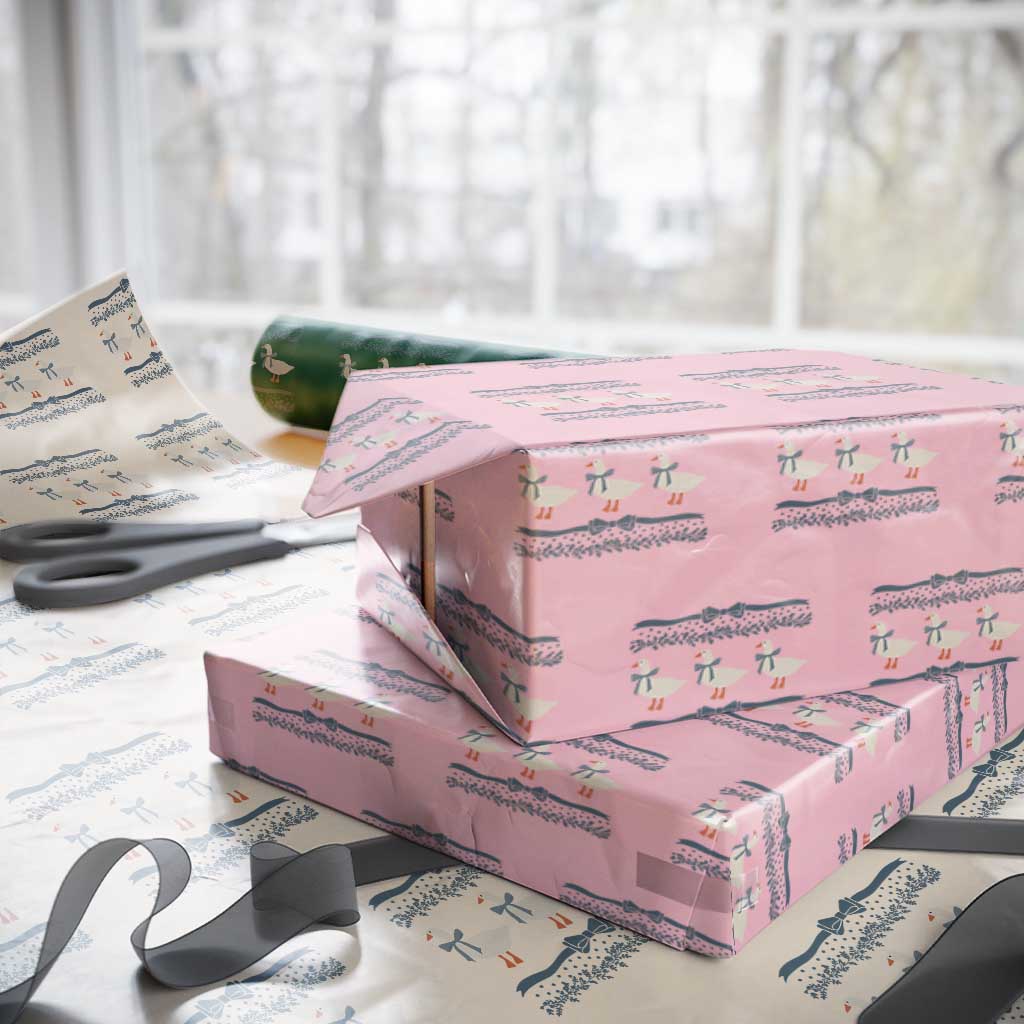 Country Goose 80s Wrapping Paper Roll 1980s Geese Blue Bowed Mama Goose - Wonder Print Shop