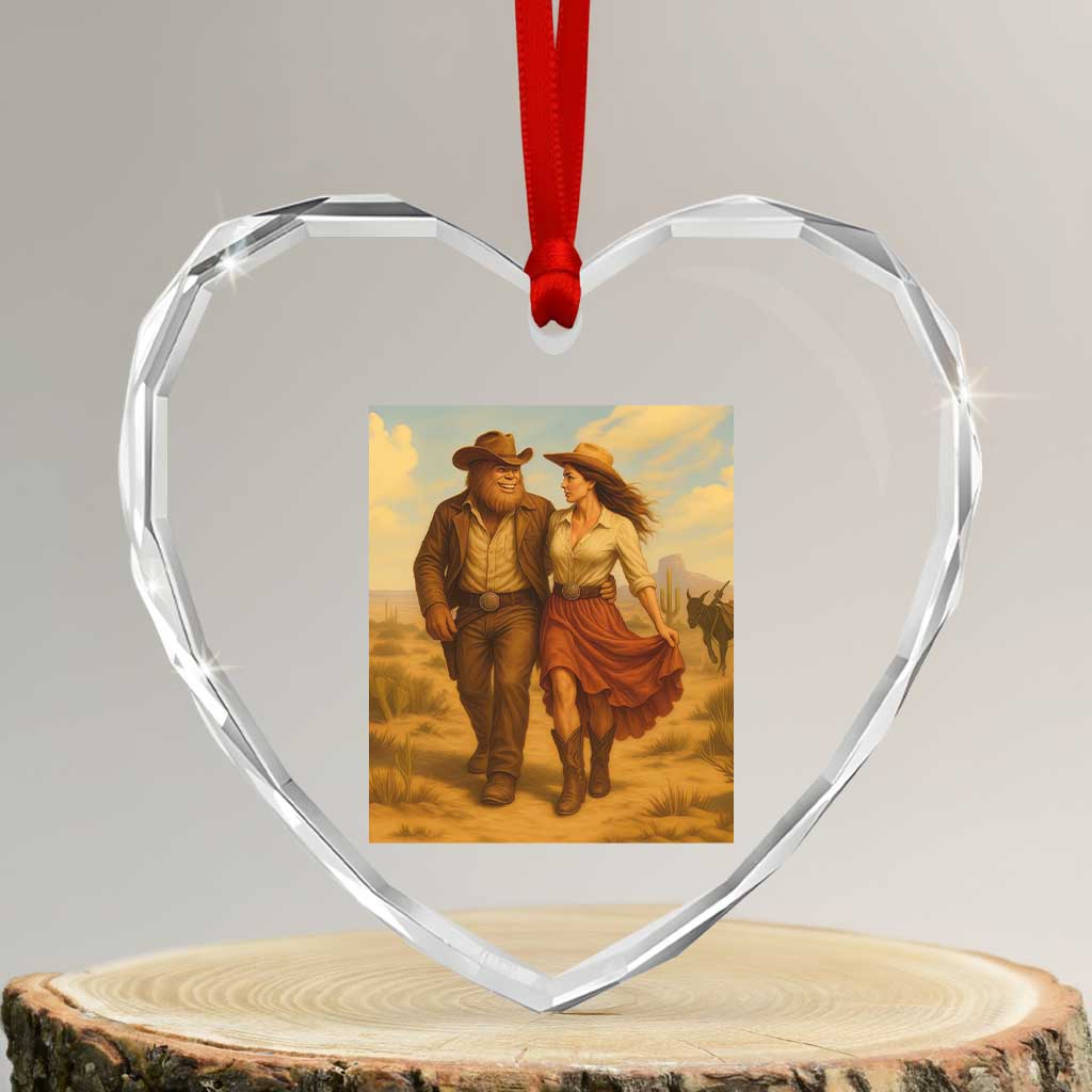 Cowboy Bigfoot Heart Crystal Glass Ornament Funny Sasquatch Dancing Cowgirl Western Country - Wonder Print Shop