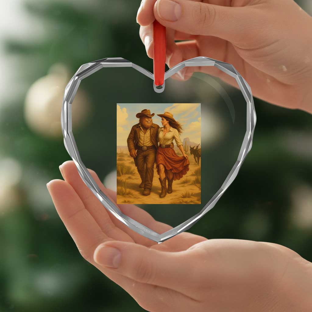 Cowboy Bigfoot Heart Crystal Glass Ornament Funny Sasquatch Dancing Cowgirl Western Country - Wonder Print Shop