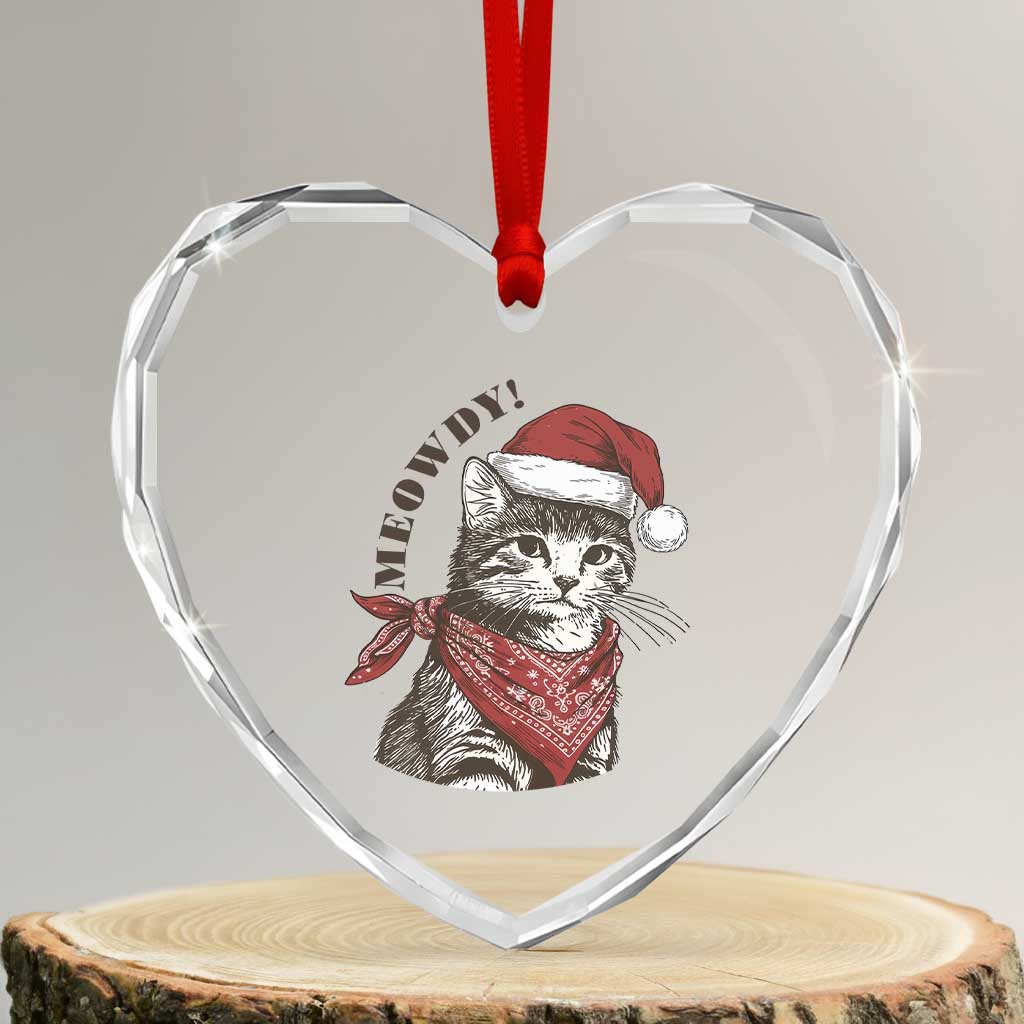 Cowboy Cat Christmas Heart Crystal Glass Ornament Meowdy Western Rodeo - Wonder Print Shop