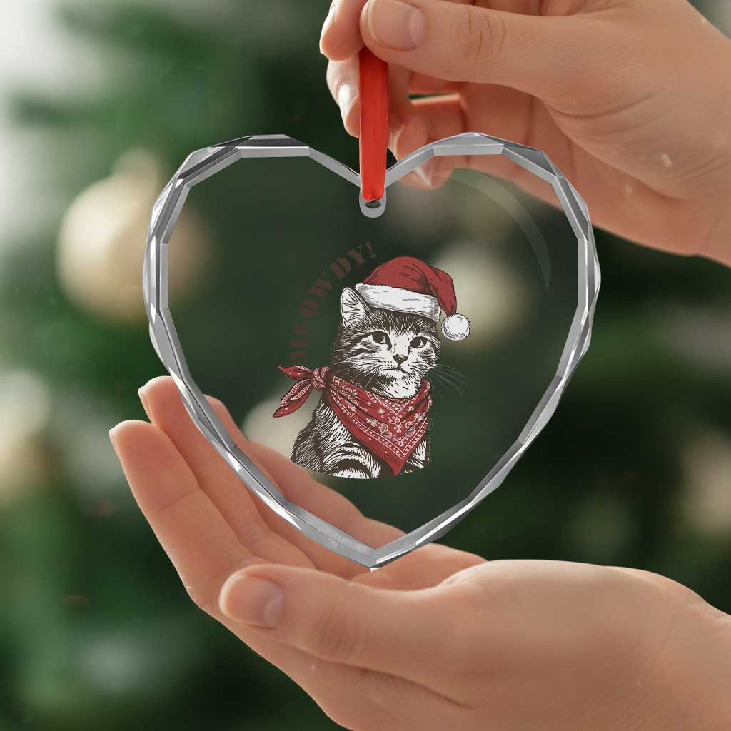 Cowboy Cat Christmas Heart Crystal Glass Ornament Meowdy Western Rodeo - Wonder Print Shop