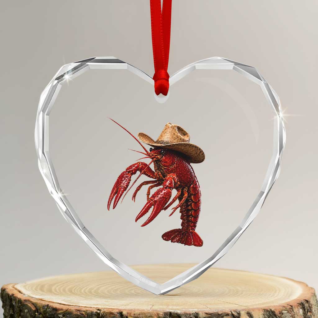 Cowboy Crawfish Heart Crystal Glass Ornament Yeeclaw Western Country Seafood Lobster Cajun Lovers