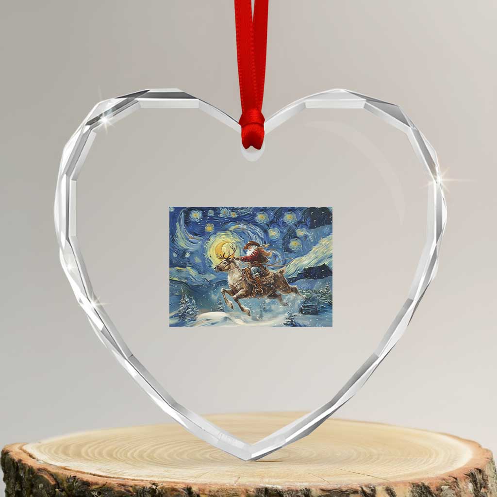 Cowboy Santa Starry Night Christmas Heart Crystal Glass Ornament - Wonder Print Shop