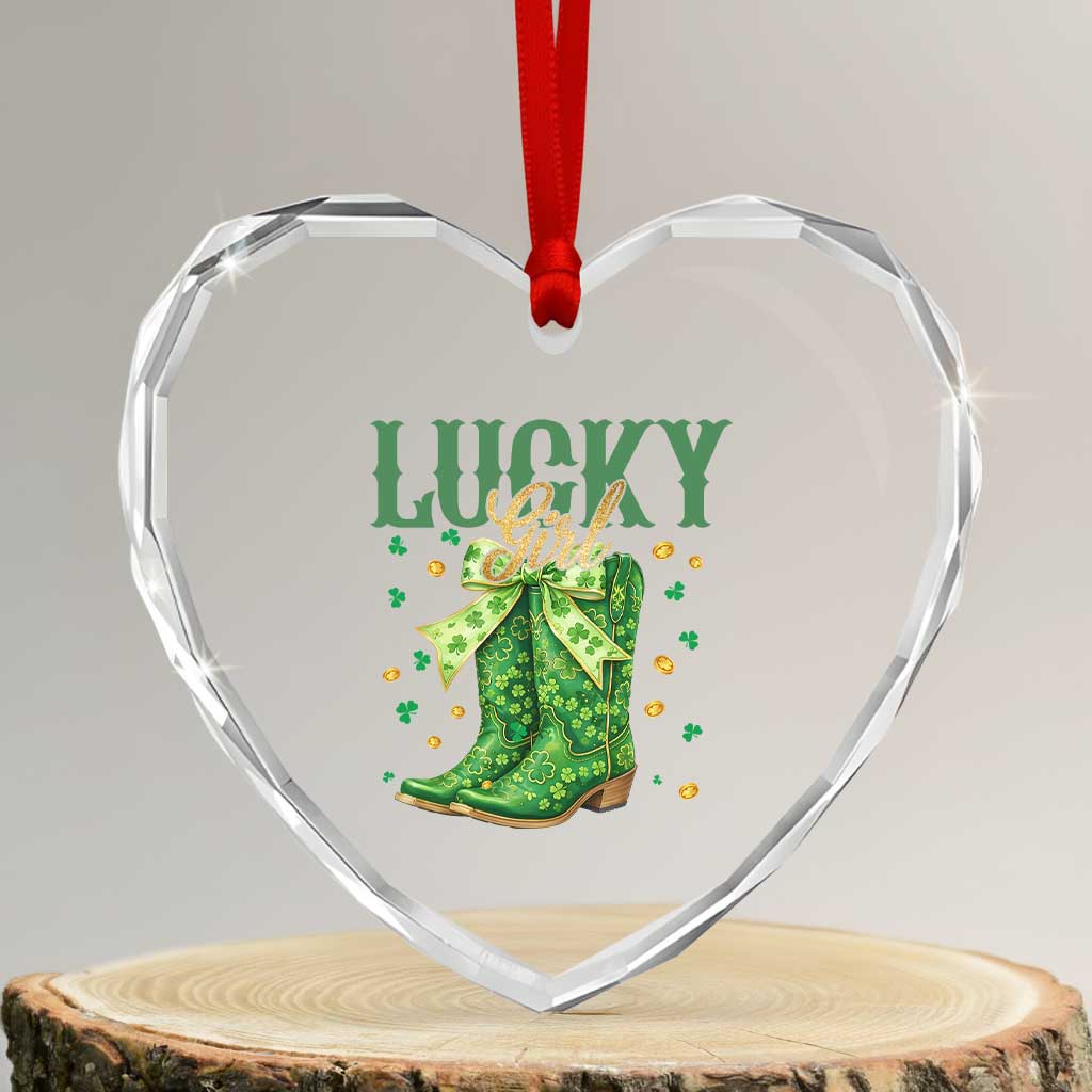 Cowboy St Patrick's Day Heart Crystal Glass Ornament Lucky Girl Boots