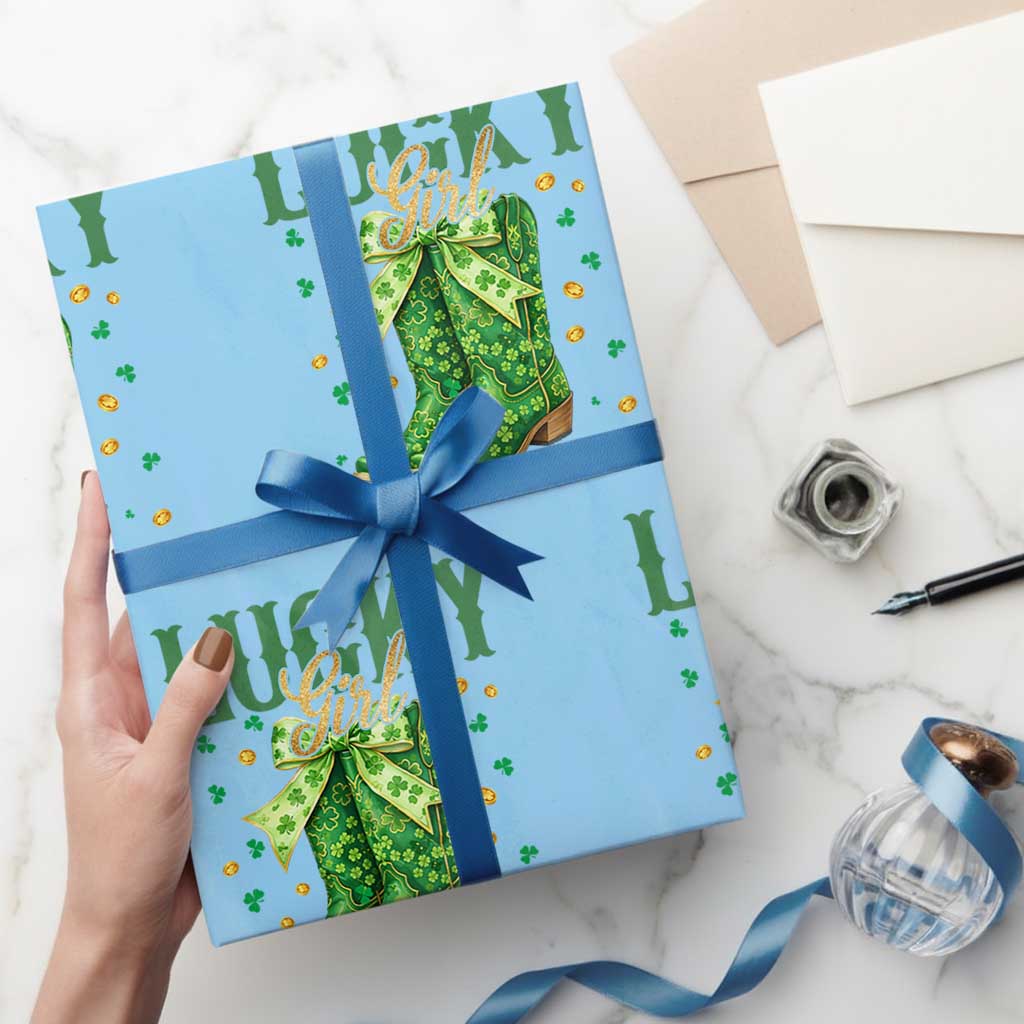 Cowboy St Patrick's Day Wrapping Paper Roll Lucky Girl Boots