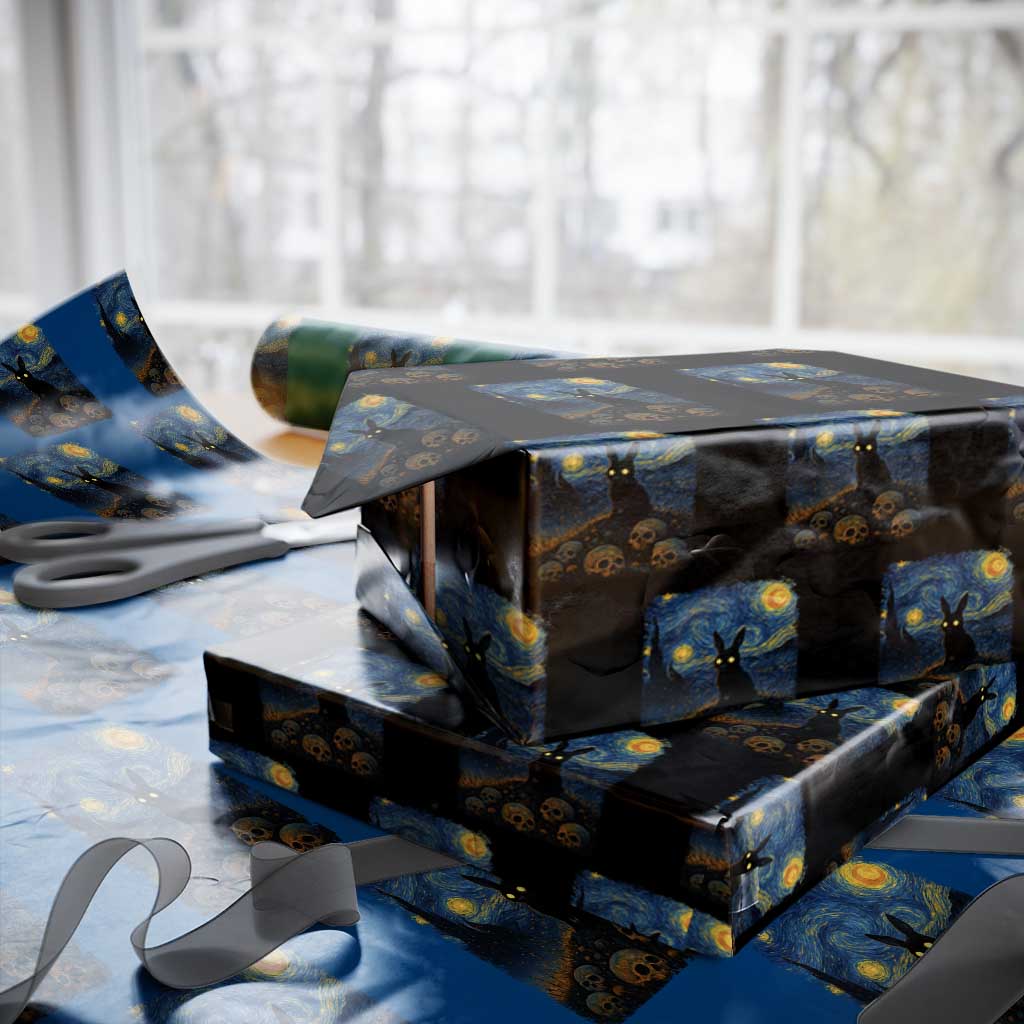 Creepy Cute Bunny Rabbits Wrapping Paper Roll Alt Goth Grunge Dark Horror Starry Night Van Gogh Aesthetic