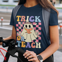 Halloween Teacher T Shirt Trick or Teach Retro Floral Ghost Funny Halloween Teacher - Wonder Print Shop