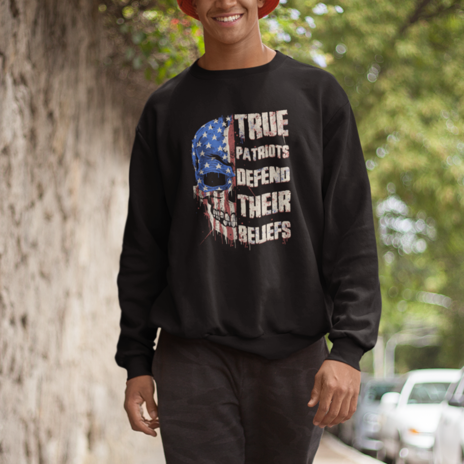 Sweatshirt True Patriots Defends Their Beliefs American Patriotic Spirit American Flag Skull - Wonder Print Shop