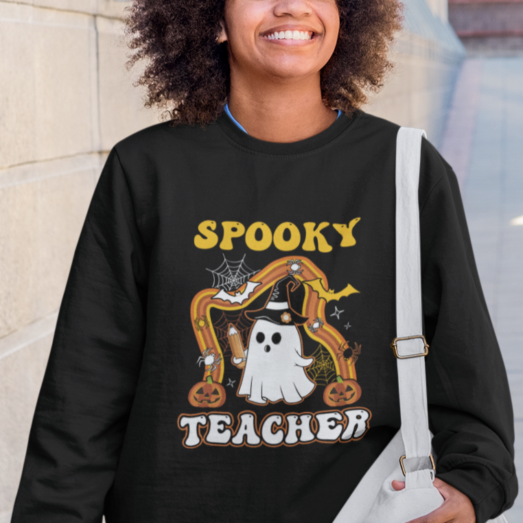Halloween Teacher Sweatshirt Spooky Teacher Retro Rainbow Ghost Funny Halloween Teacher - Wonder Print Shop