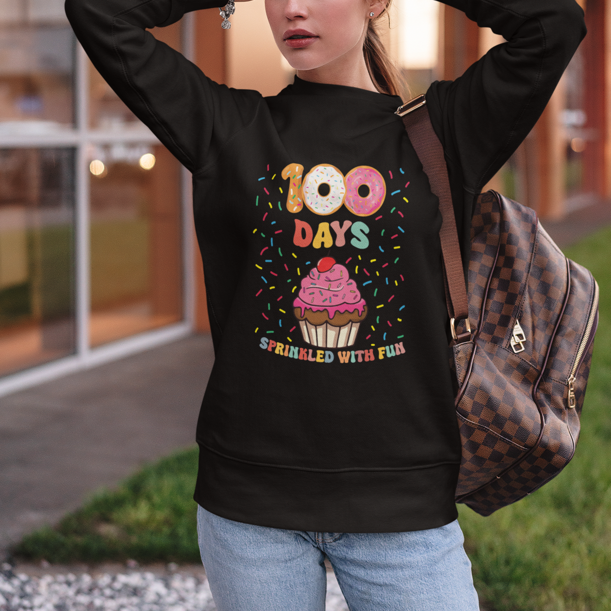 100th Day Of School Sweatshirt 100 Days Sprinkled With Fun Cupcake Donut - Wonder Print Shop