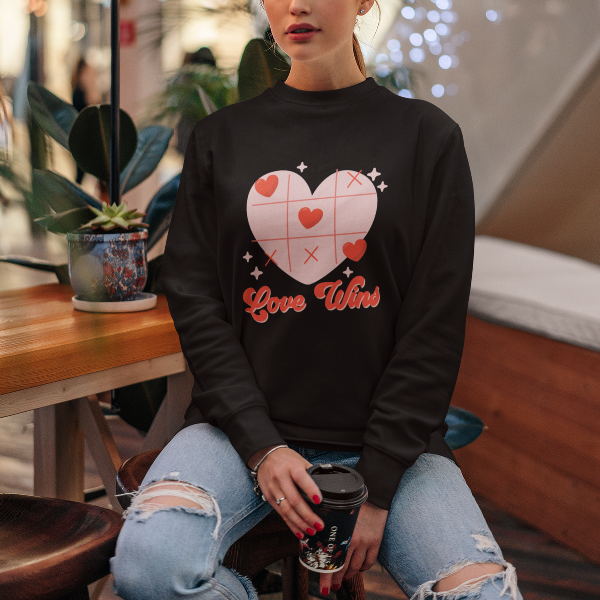 Valentine's Day Sweatshirt Love Always Wins Funny Heart Tic Tac Toe - Wonder Print Shop