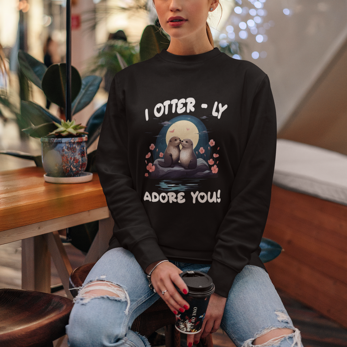 Valentine's Day Sweatshirt I Otterly Adore You Cute Otter Holding Hand Kisses - Wonder Print Shop