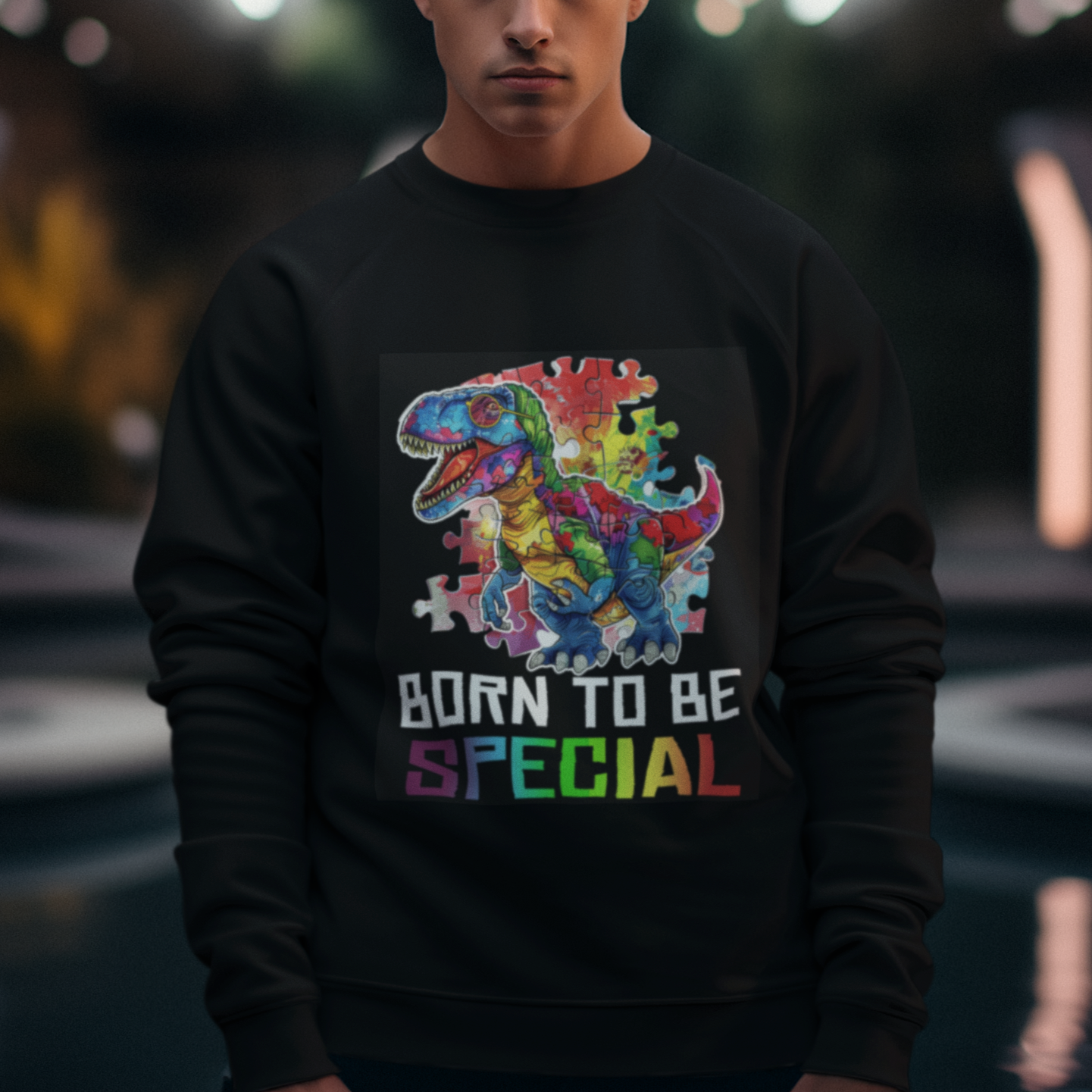 Autism Awareness Sweatshirt Born To Be Special Rainbow Puzzle Dinosaur - Wonder Print Shop