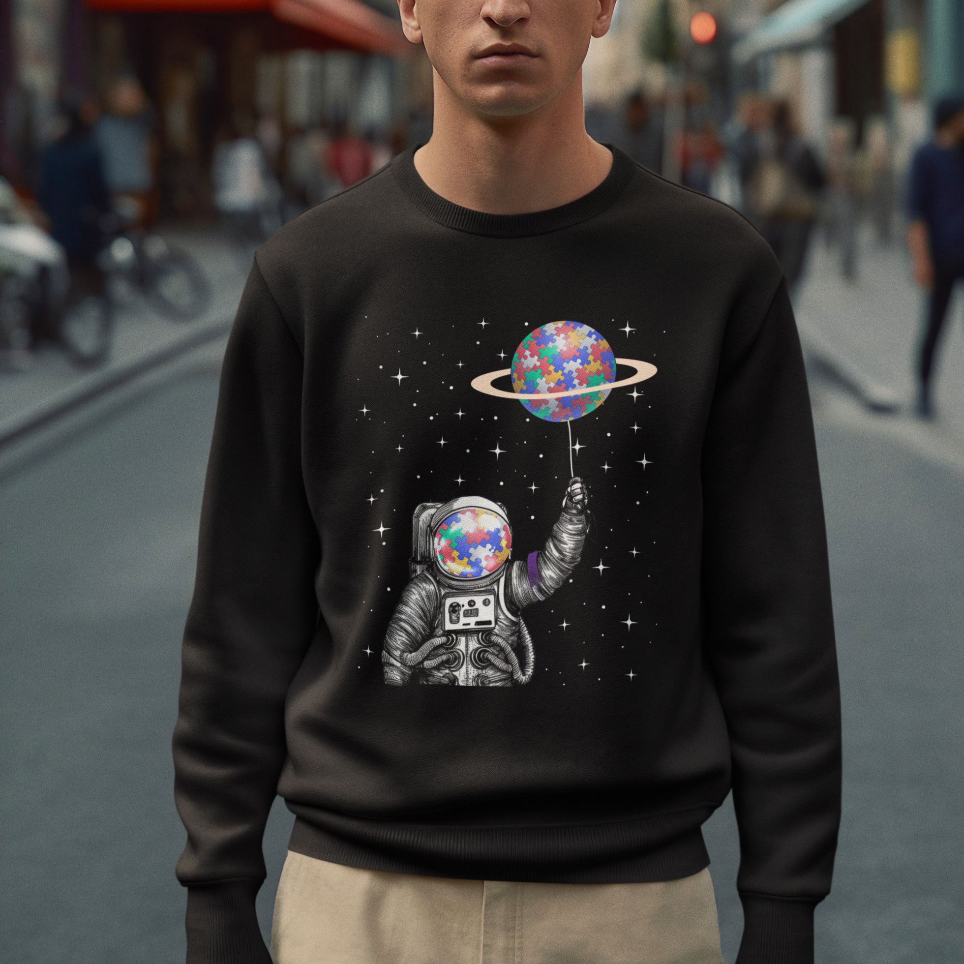 Autism Awareness Sweatshirt Astronaut Puzzle Balloon Autistic Outer Space - Wonder Print Shop