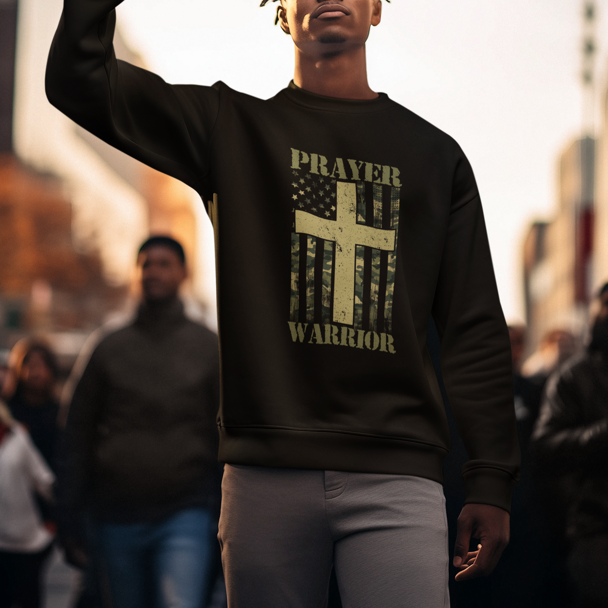 Christian Patriotic Sweatshirt Prayer Warrior Camo American Flag Bible Verse Faith Jesus - Wonder Print Shop