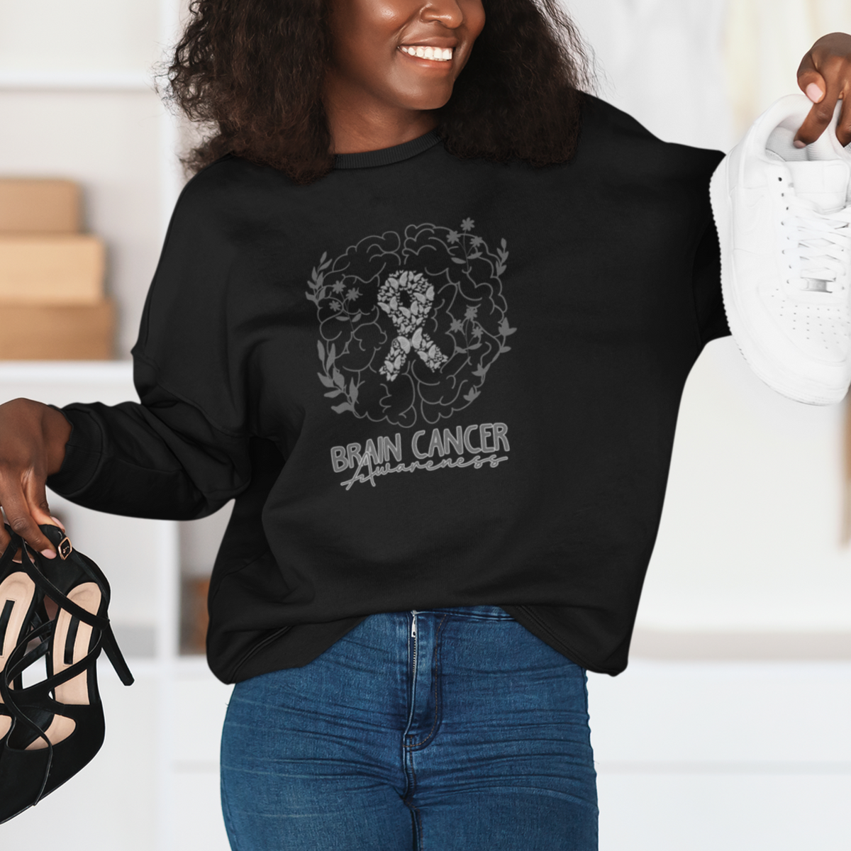 Brain Cancer Sweatshirt Brain Cancer Awareness Support Gray Ribbon Brain Men Womens - Wonder Print Shop