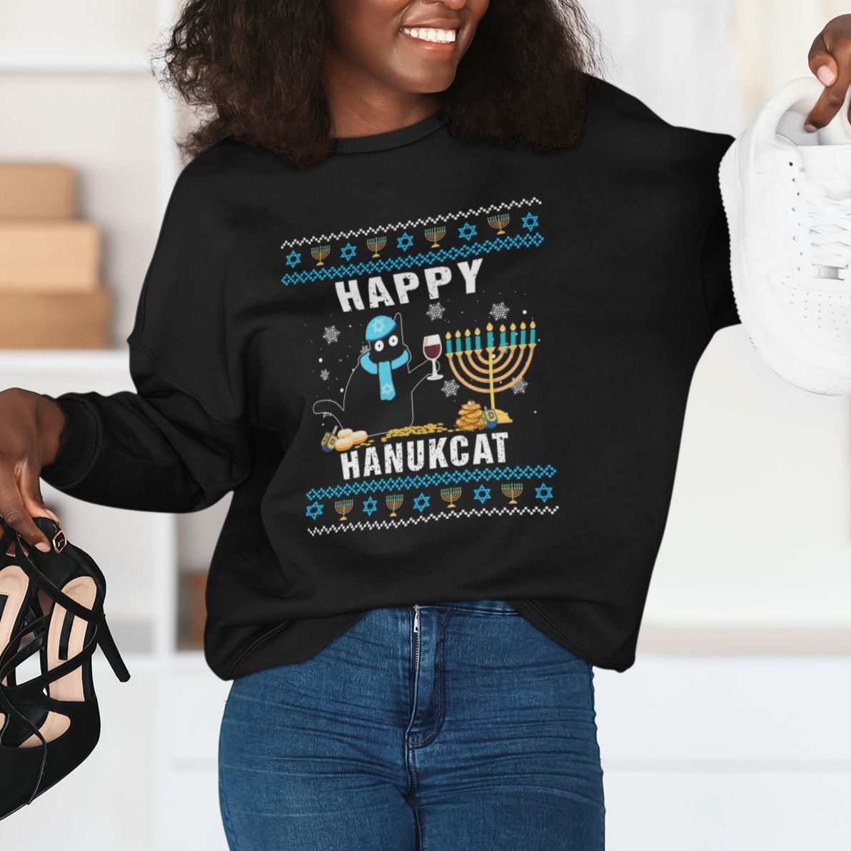 Hanukkah Cat Sweatshirt Happy Hanukcat Jewish Hanukkah Black Cat Menorah Chanukah - Wonder Print Shop