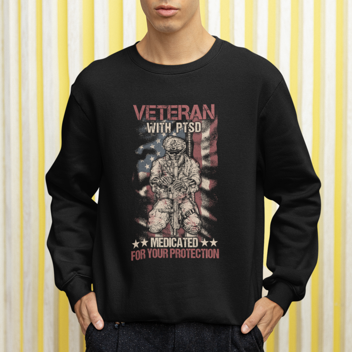 Veteran PTSD Sweatshirt Medicated For Your Protection American Flag Skeleton Soldier - Wonder Print Shop