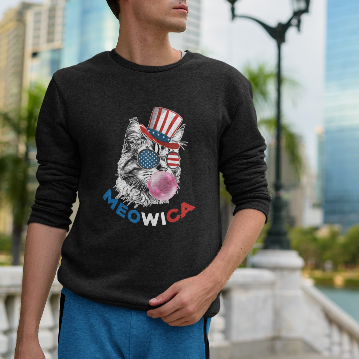 American Cat Sweatshirt Patriotic Cat Meowica Bubblegum 4th of July Funny Cat Lover - Wonder Print Shop