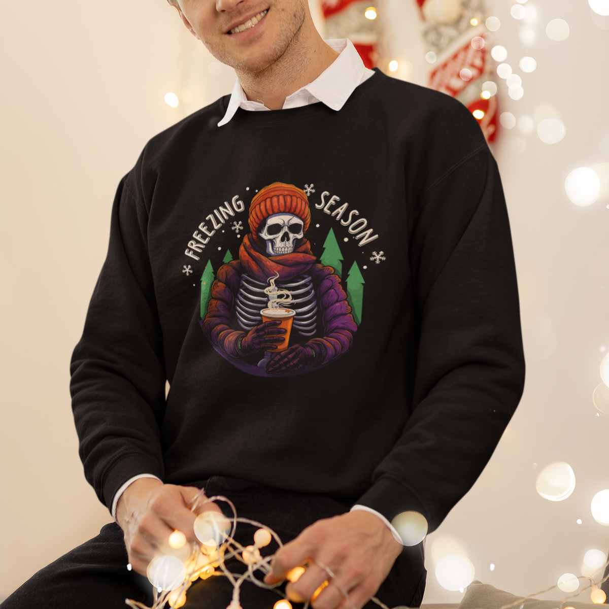 Freezing Season Christmas Skeleton Chillin' Hot Cocoa Sweatshirt - Wonder Print Shop