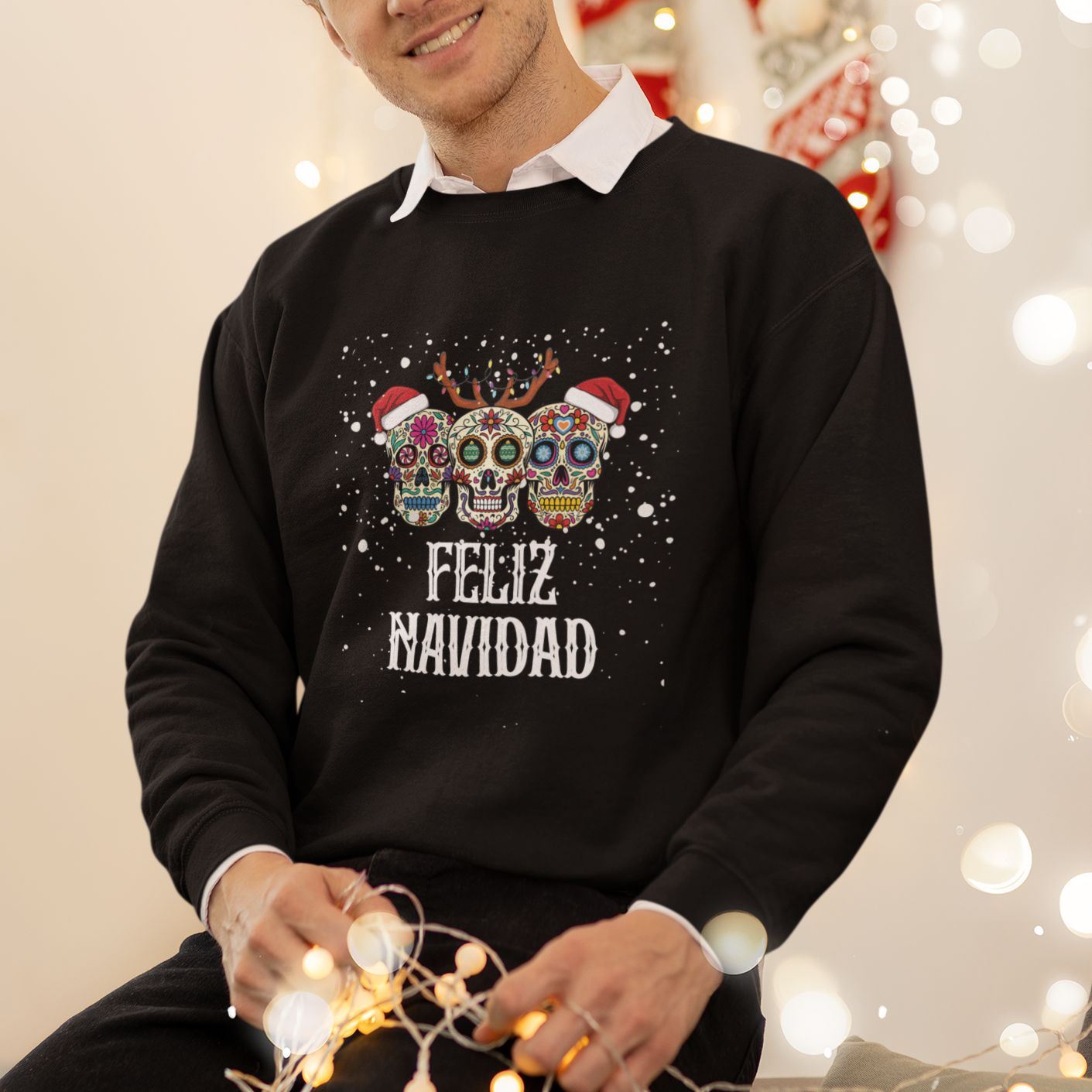 Christmas Sweatshirt Feliz Navidad Mexican Sugar Skulls Reindeer Santa - Wonder Print Shop